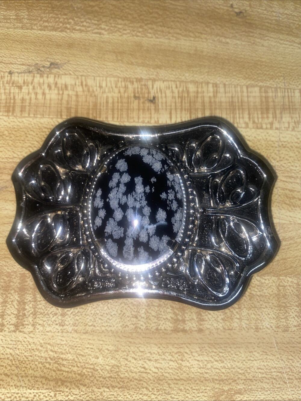 Black Gray Oval Cabochon Centerpiece Silver Tone Western Rodeo Belt Buckle